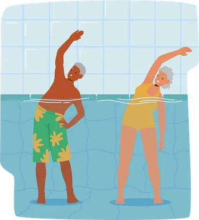 Las personas mayores hacen ejercicio en la piscina  Ilustración