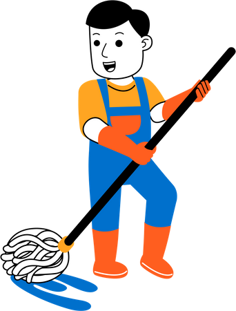 El ama de llaves masculina está trapeando el piso  Ilustración