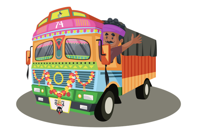 El camionero saluda con la mano desde el camión  Ilustración