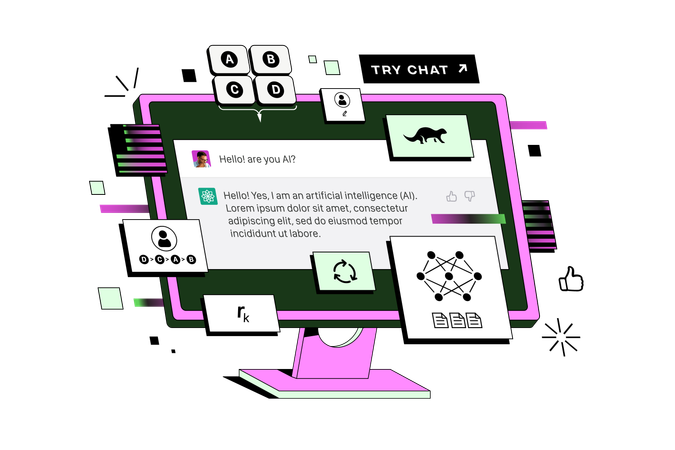 El Chatbot se muestra en la computadora La red neuronal genera texto  Ilustración