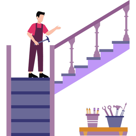 El chico está clavando las escaleras.  Ilustración