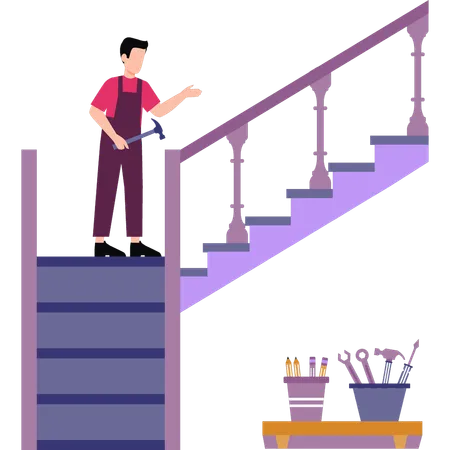 El chico está clavando las escaleras.  Ilustración