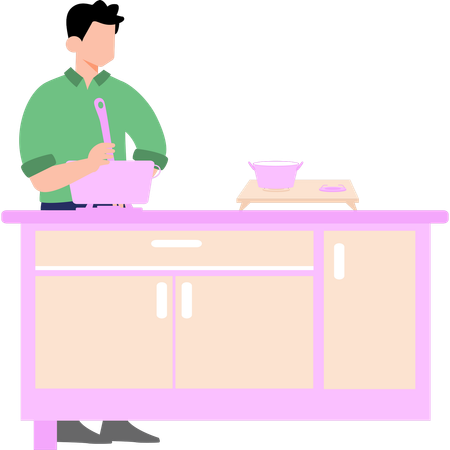 El chico está cocinando la comida en la cocina.  Ilustración