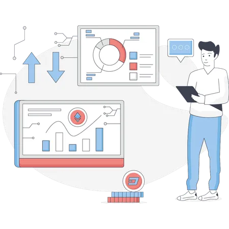 El niño está comprobando la inversión en criptomonedas  Ilustración