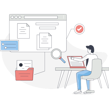 El niño está haciendo análisis de contenido SEO.  Ilustración