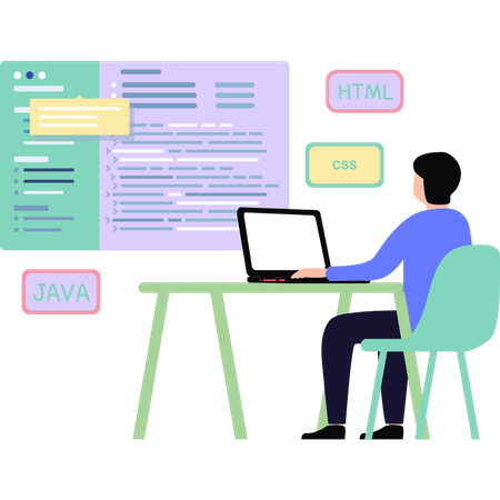 El chico está codificando Java, CSS y HTML.  Ilustración