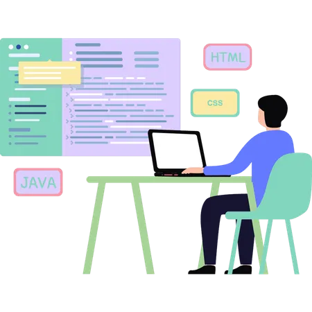 El chico está codificando Java, CSS y HTML.  Ilustración
