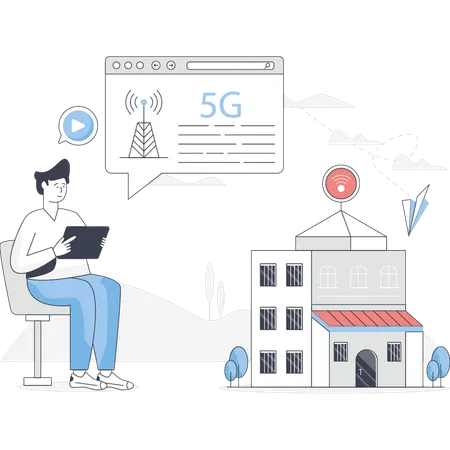 El niño está resolviendo el problema del servicio de tecnología de Internet.  Ilustración