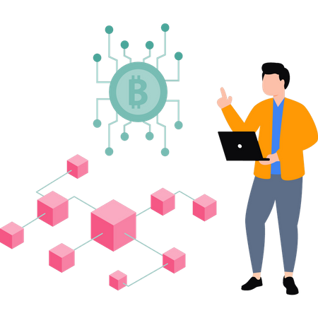 El chico está trabajando en la cadena de bloques de Bitcoin.  Ilustración