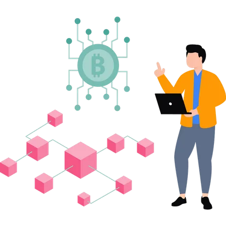 El chico está trabajando en la cadena de bloques de Bitcoin.  Ilustración