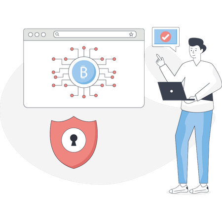 El niño está trabajando en la red Bitcoin.  Illustration