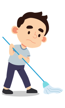 El chico está trapeando el piso.  Ilustración