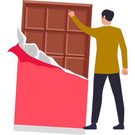 El chico tiene una barra de chocolate.  Ilustración