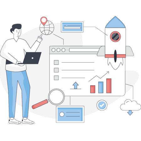 El niño trabaja en una startup de SEO.  Ilustración