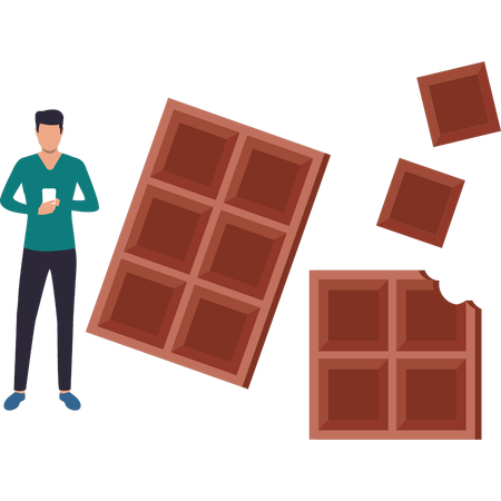 El chocolate está comiendo una barra de chocolate y navegando por teléfono.  Ilustración