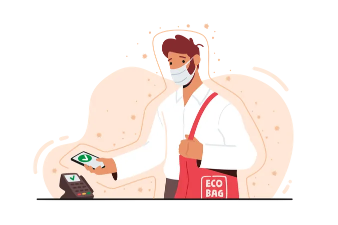 El comprador utiliza la terminal Pos para pagos sin efectivo durante la pandemia de coronavirus  Ilustración