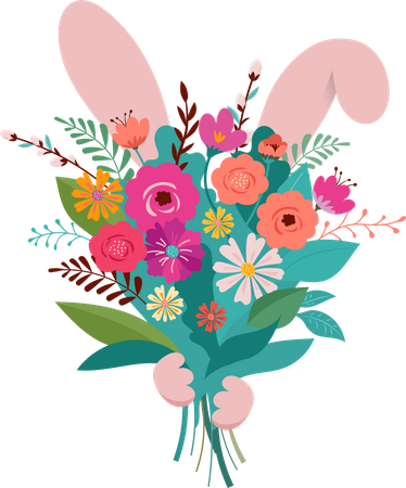 El Conejo de Pascua se esconde detrás del ramo de flores.  Ilustración