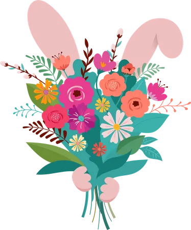 El Conejo de Pascua se esconde detrás del ramo de flores.  Ilustración