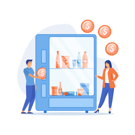 El consumidor inserta una moneda de un dólar en la máquina expendedora y compra bocadillos y bebidas  Ilustración