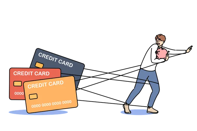 El hombre deudor se ha convertido en rehén de los préstamos y huye de las tarjetas bancarias sosteniendo una alcancía.  Ilustración