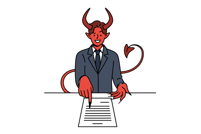 El diablo ofrece firmar un contrato comercial sobre la mesa para venderle el alma a satanás  Ilustración