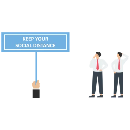 El médico sostiene un cartel de mantener la distancia social para los empresarios  Ilustración