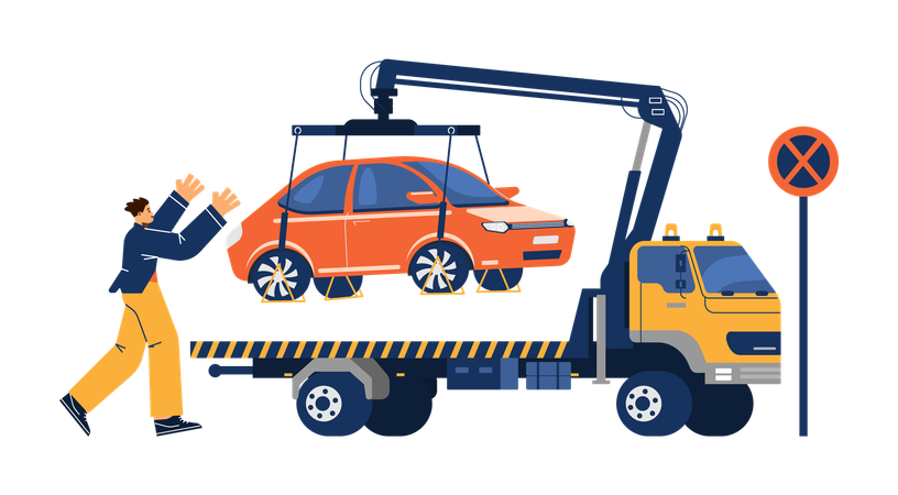 Dueño corre tras grúa que remolca auto  Ilustración