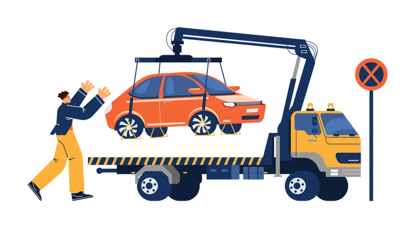 Dueño corre tras grúa que remolca auto  Ilustración