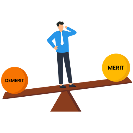 El empresario equilibra la báscula con méritos y deméritos.  Ilustración