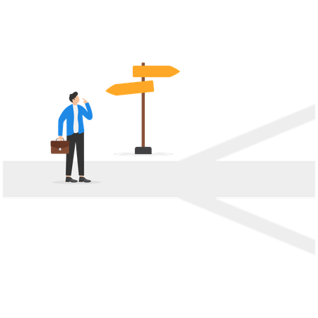 El empresario está confundido en la dirección del camino.  Ilustración