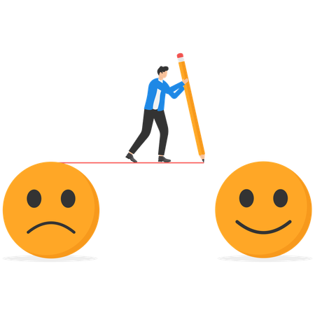 El hombre de negocios está pasando de un estado de ánimo triste a uno feliz  Ilustración