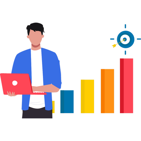 El hombre de negocios está trabajando en datos gráficos para lograr el objetivo.  Ilustración