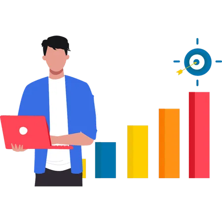 El hombre de negocios está trabajando en datos gráficos para lograr el objetivo.  Ilustración