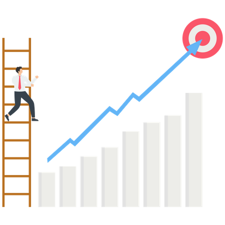 El empresario parado en la escalera para ver la parte superior de la flecha.  Ilustración