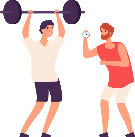 El entrenador masculino ayuda al culturista a entrenar haciendo ejercicio en el gimnasio  Illustration