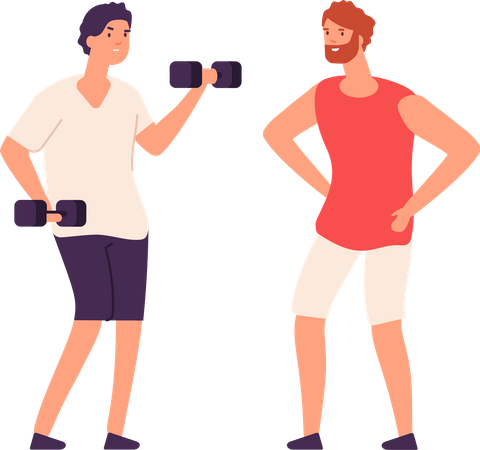 El entrenador personal masculino ayuda al culturista a entrenar en el gimnasio  Illustration
