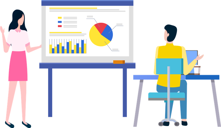 El equipo analiza los datos del diagrama circular del mercado  Ilustración