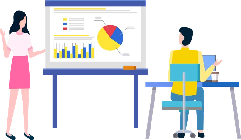 El equipo analiza los datos del diagrama circular del mercado  Ilustración