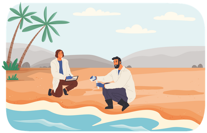El equipo científico analiza el suelo o la arena.  Ilustración