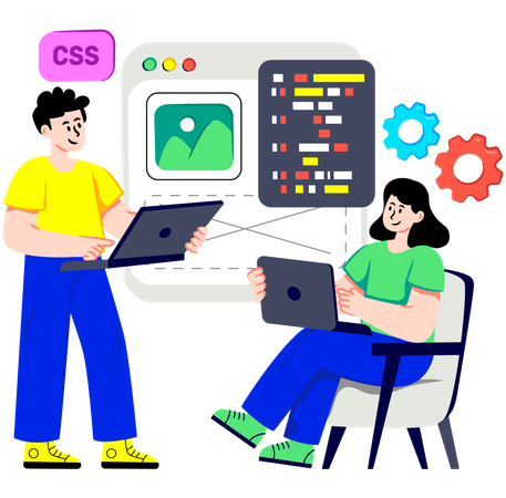 El equipo de desarrollo web trabaja con el diseño web.  Ilustración