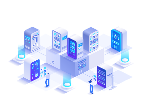 El equipo de ingeniería trabaja en la sala de bases de datos de la nube de hardware  Ilustración