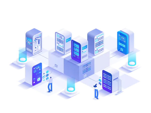 El equipo de ingeniería trabaja en la sala de bases de datos de la nube de hardware  Ilustración