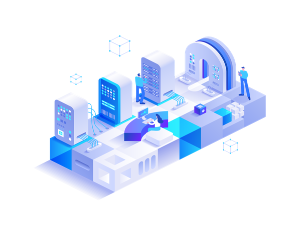 El equipo de ingeniería trabaja en la sala de bases de datos de la nube de hardware  Ilustración