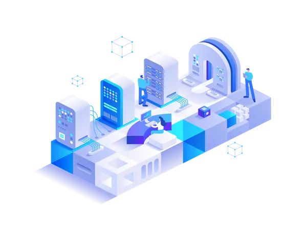 El equipo de ingeniería trabaja en la sala de bases de datos de la nube de hardware  Ilustración