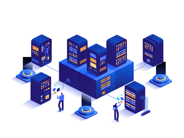 El equipo de ingeniería trabaja en la sala de bases de datos de la nube de hardware  Ilustración