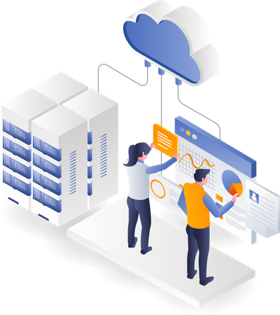 El equipo está recopilando datos de análisis del servidor en la nube  Ilustración