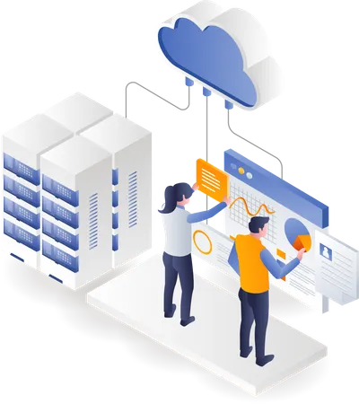 El equipo está recopilando datos de análisis del servidor en la nube  Ilustración