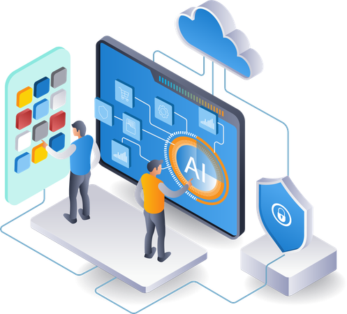 El equipo controla la seguridad de la rama del servidor en la nube con inteligencia artificial.  Ilustración