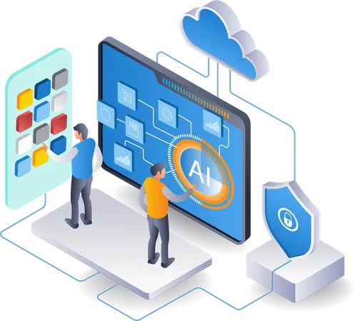 El equipo controla la seguridad de la rama del servidor en la nube con inteligencia artificial.  Ilustración