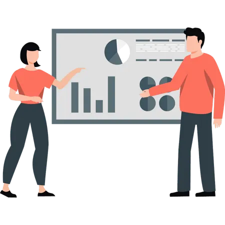 El equipo está revisando el desempeño de la empresa en un gráfico de barras.  Ilustración